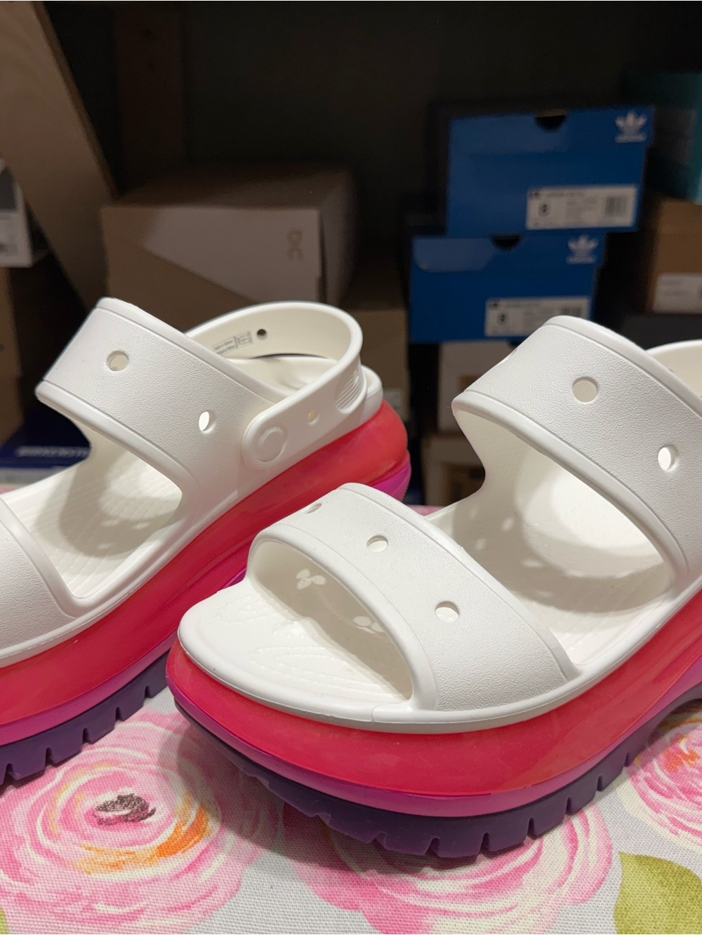 CROCS White Platform Slides with Pink & Purple Layered Sole 8